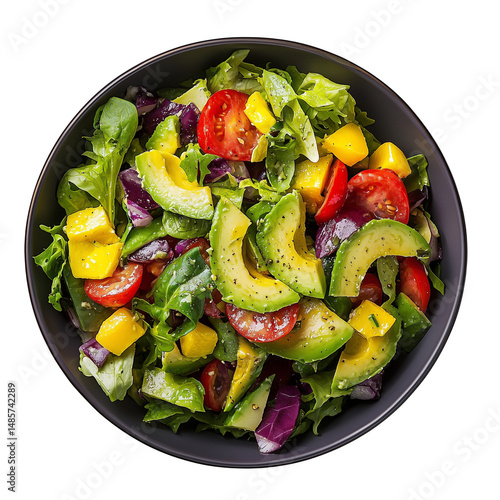 A vibrant avocado salad bowl filled with mixed greens, cherry tomatoes, avocado slices, and mango chunks. isolated on white background and transparent background
