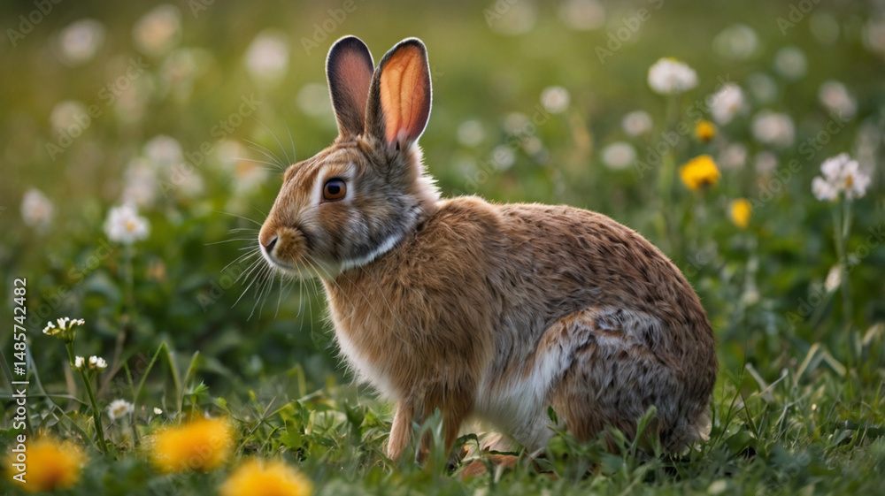 Fototapeta premium Wild Rabbit in Flower Meadow: Close-up of Brown Hare