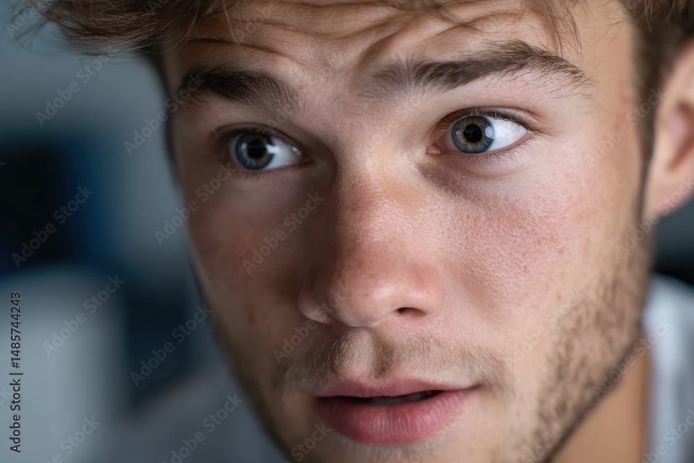 Fototapeta premium A striking close-up of a surprised young man, his large eyes expressing curiosity and wonder, capturing a moment that reflects feelings of intrigue and unexpected truths.