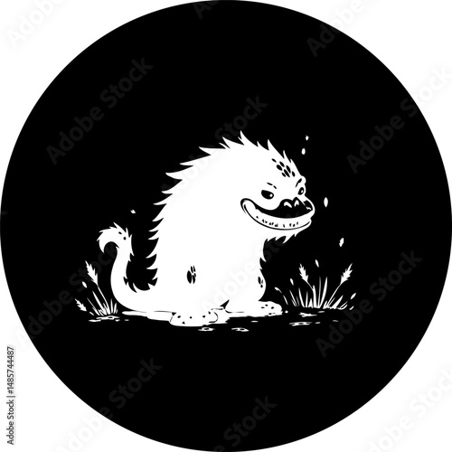 Whimsical depiction of a fantasy creature in a bold black and white illustration