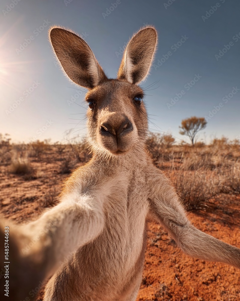 Fototapeta premium A curious kangaroo taking a selfie in the Australian outback with a clear sky and desert landscape