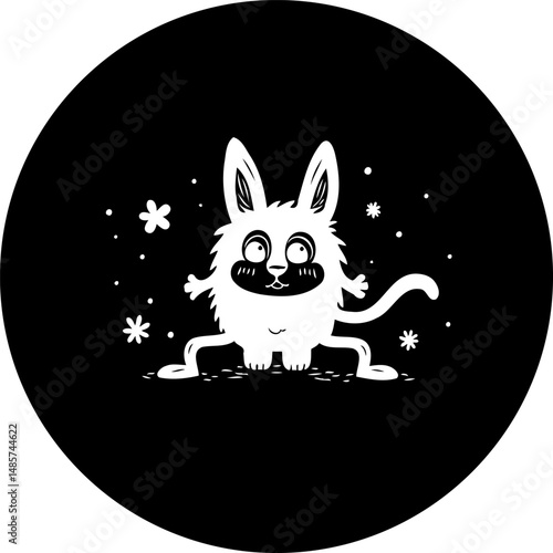 Whimsical Creature Amidst Celestial Elements on a Black Canvas Circular Setting