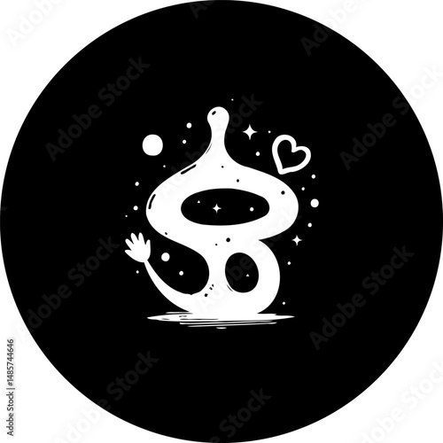 Stylized whimsical form amid cosmos, a monochrome emblem on round background