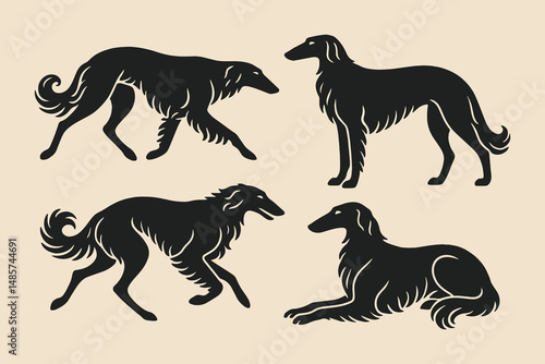 borzoi dogs engraving style sketch icon set vector