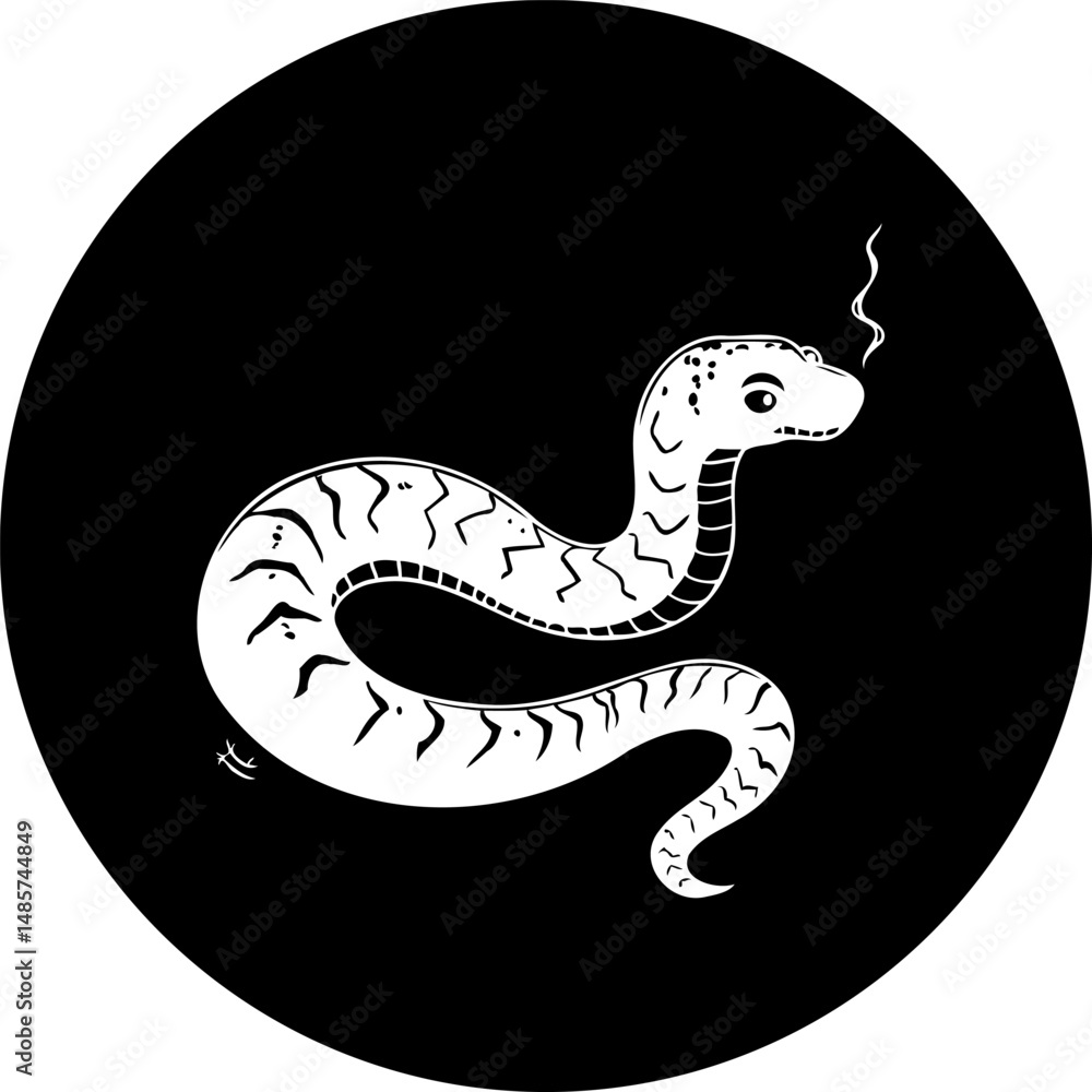 Obraz premium Stylized serpent illustration on stark black background, embodying mystique and intrigue