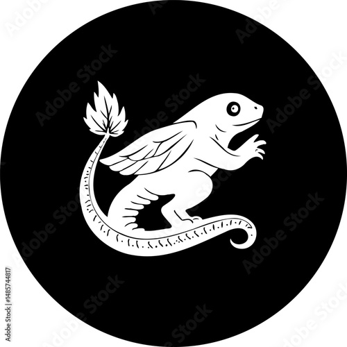Stylized Lizard Design with Wings and Leaf Tail on a Circular Background