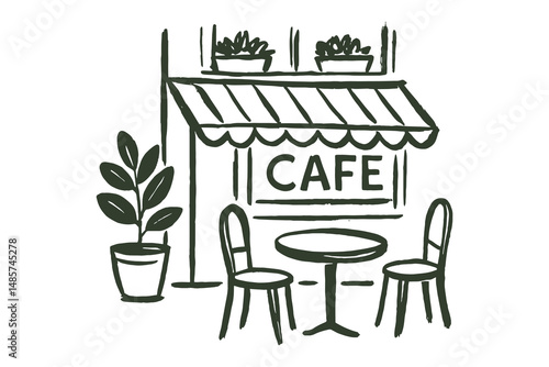 cafe storefront sketch icon with chairs and plant. vector illustration