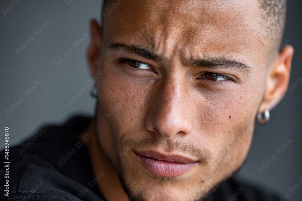 Obraz premium A young man gazes thoughtfully, reflecting an array of emotions, from intensity to contemplation, symbolizing the depth of human experience.