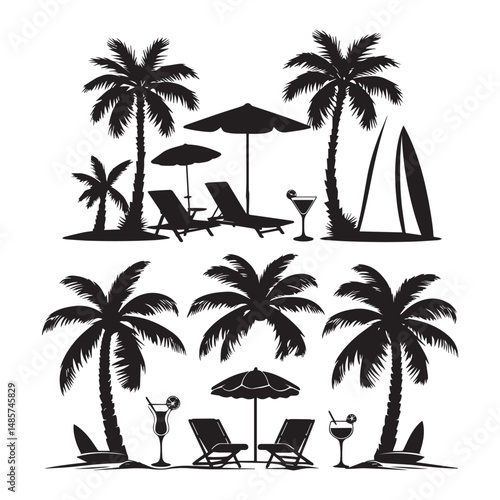 set of black various resort vector silhouettes isolated on white background