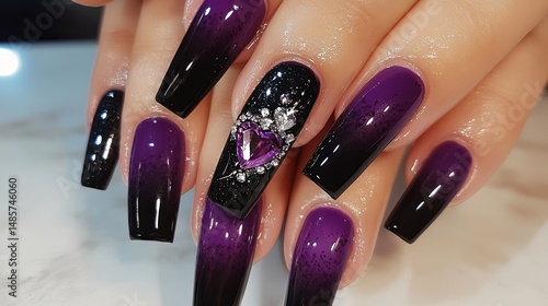 beautiful long acrylic extension nail coffin style painting purple black color ombre design gel nail art decorated with sparkling heart shape diamond on ring finger 