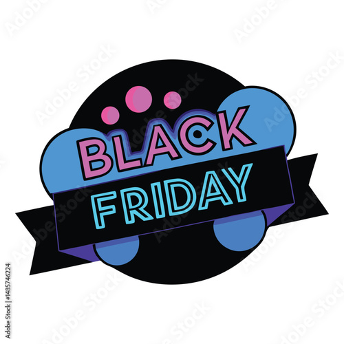 Black Friday banner featuring vibrant blue and pink neon light circles glowing against a dark background, creating an eye-catching, modern, and energetic sale promotion vibe.
