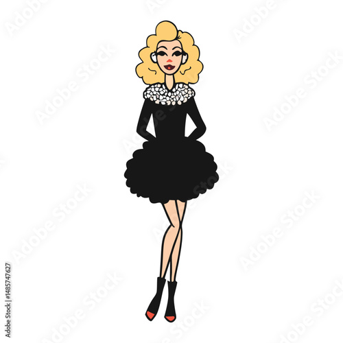 A stylish model channels princess vibes in a fluffy dress, black sweater, and sleek heels—blending elegance and edge with a fairytale twist.
