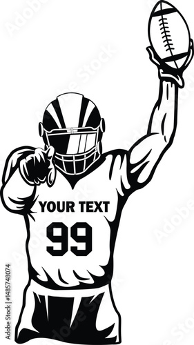 American football player vector illustration pointing and holding ball up, customizable jersey number and text, sports mascot style, black and white silhouette for t-shirt or logo design