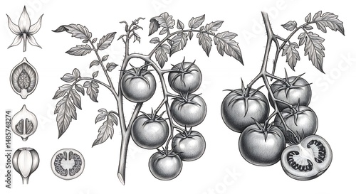 Detailed botanical illustration of tomato plant and parts