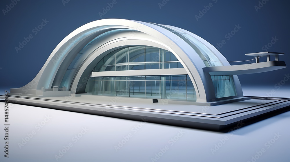 Fototapeta premium A clean-lined metro station model with smooth concave roof and silver-gray walls, centered on a soft blue-gray surface.