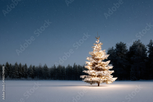 serene winter landscape featuring solitary christmas tree adorned with soft warm lights