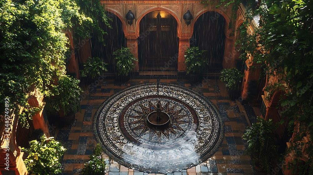 Fototapeta premium Tranquil courtyard scene featuring rain and traditional architectural design