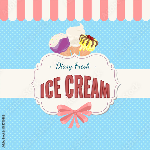 Square Ice cream banner. Sweet cold dessert social media advertising. Retro brand post with text. Branding for cafe or shop. Flat Vector background illustration.