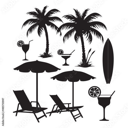 set of black various resort vector silhouettes isolated on white background