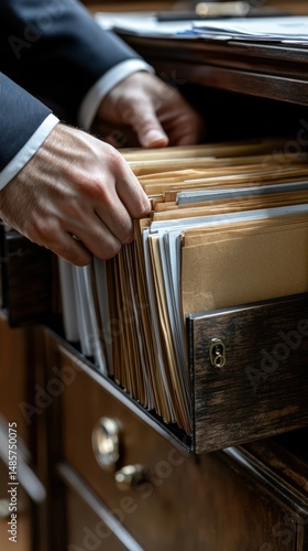 Hands sorting files in a wooden drawer