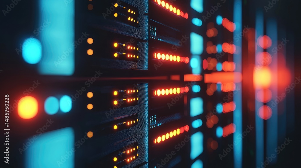 3D rendering of data center servers glowing in blue and red lights, perfect for digital infrastructure, cybersecurity themes, or high-tech IT and cloud service visuals 3D rendering of data center servers glowing in blue and red lights, perfect for digital infrastructure, cybersecurity themes, or high-tech IT and cloud service visuals