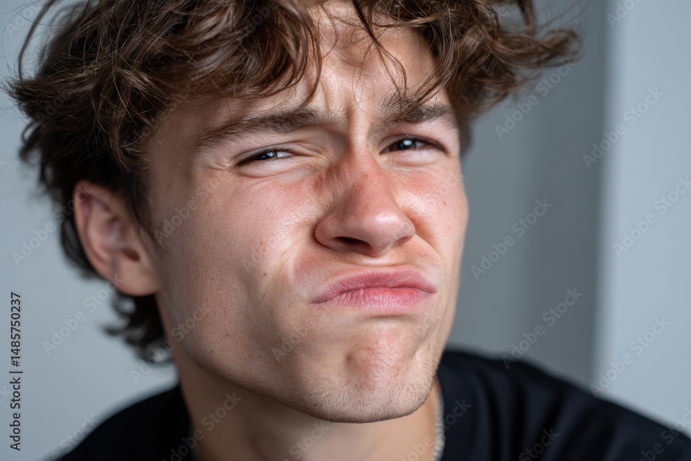 Obraz premium A teenage boy with curly hair makes a funny expression, showcasing a playful mood and capturing the essence of youthful innocence and humor in a close-up shot.