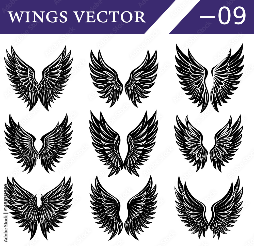 Fototapeta premium Mystical Black Wings Vector Set – Silhouettes of Gothic Feathered Angel and Demon Wings for Tattoos, Posters, and Fantasy Illustrations.