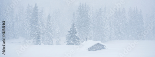 Snowy forest and cabin in a winter storm.