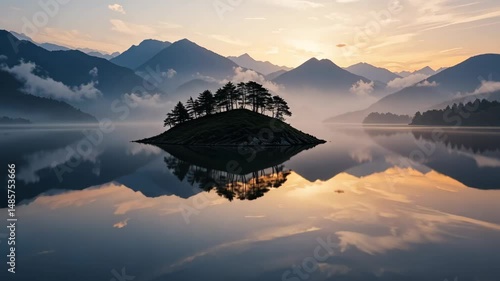 A small island with trees reflected perfectly in a calm lake surrounded by mountains, showcasing nature�s stillness and mirror effect in peaceful environment