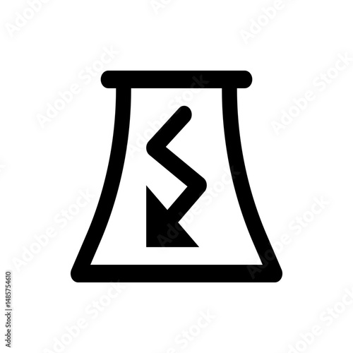 Illustration of a nuclear cooling tower with a lightning bolt arrow indicating downward direction shown