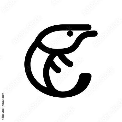 Stylized black and white drawing of a shrimp with a curved body and prominent eye and small legs design