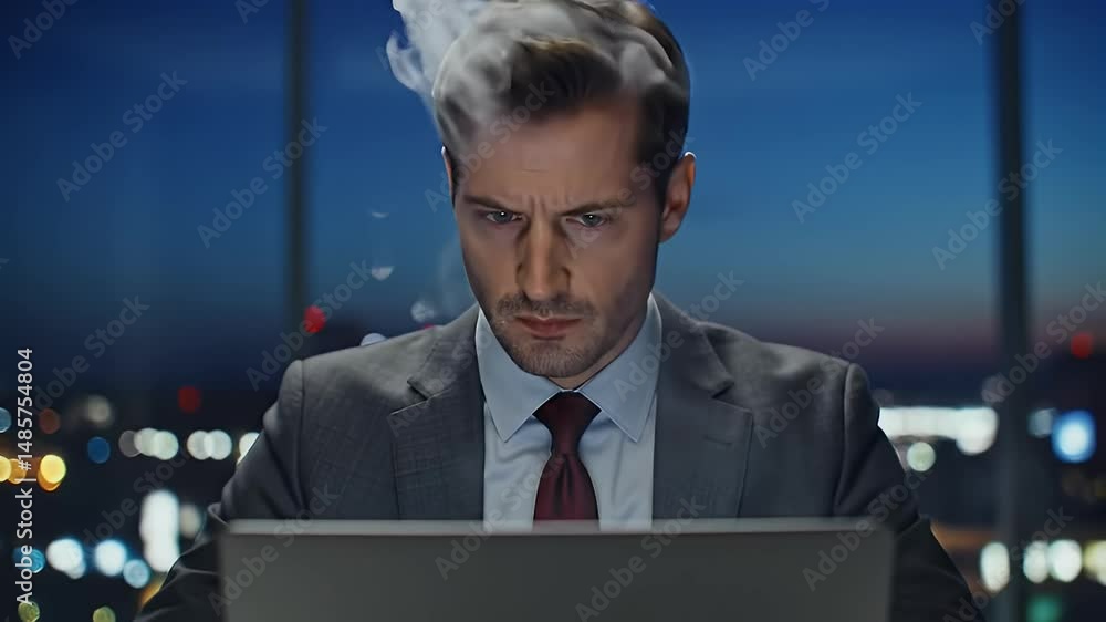Man Working Late Concentrating on Laptop in City Office At Night Man Working Late Concentrating on Laptop in City Office At Night