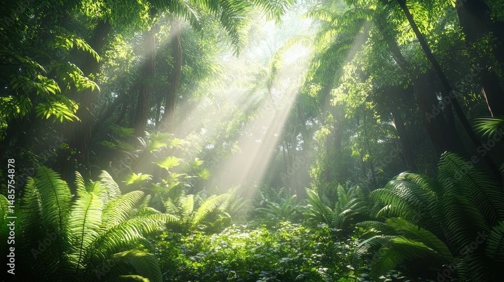 Obraz premium Sunlight filtering through lush rainforest canopy