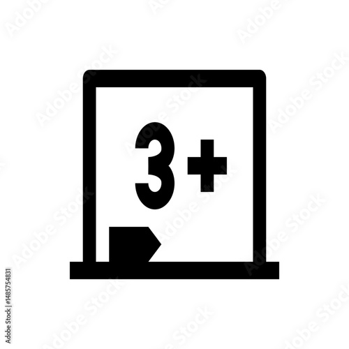 Illustration of a blackboard with the number three and a plus sign on it and a chalk eraser at the bottom