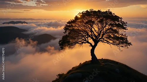 A lone tree standing above the clouds on a mountaintop at golden hour, symbolizing peace, isolation, and majestic natural landscapes with sunrise glow