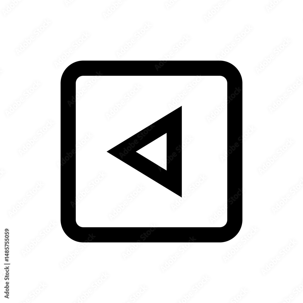 Black outlined square containing a left pointing triangle shape on a white background in simple style Black outlined square containing a left pointing triangle shape on a white background in simple style