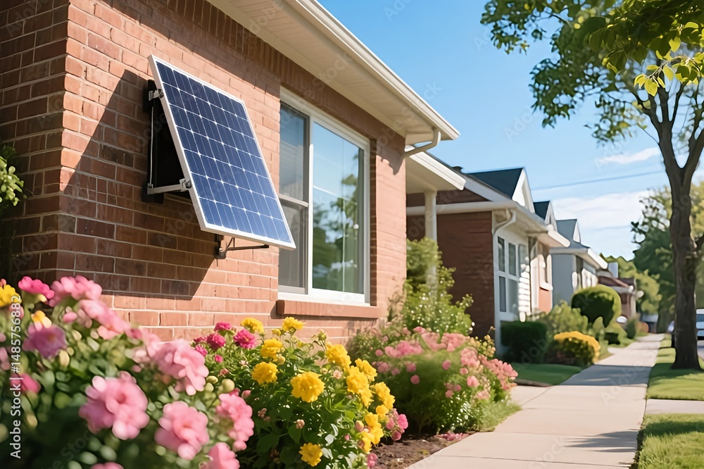Fototapeta premium Solar panel installed on a brick house exterior in residential neighborhood demonstrating renewable energy