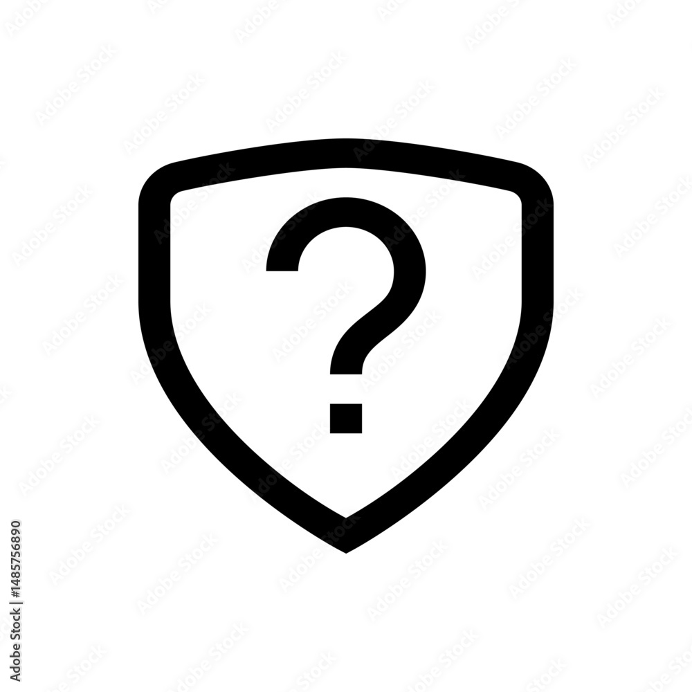 Black outlined shield containing a question mark symbol in the center on a white background image view Black outlined shield containing a question mark symbol in the center on a white background image view