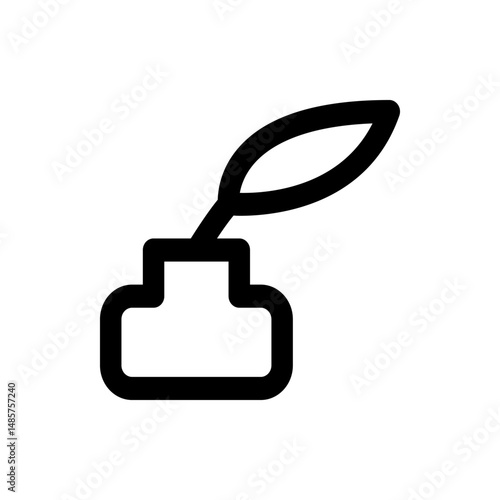Illustration of an inkwell with a feather pen resting inside in a simple line drawing style design