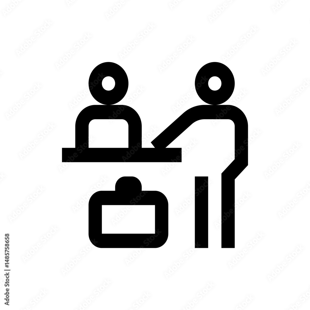 Fototapeta premium Illustration of two stick figures interacting at a counter with a suitcase beneath it in black and white