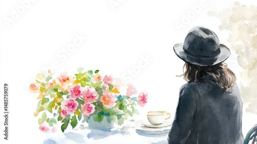 A serene watercolor scene of a figure in a hat, enjoying tea beside a vibrant bouquet of roses.