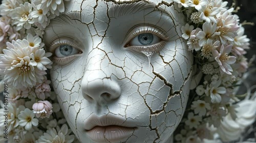 A cracked sculpture of a woman�s face with stone texture and flowers, symbolizing artistic beauty, broken elegance and fantasy dreamlike visuals
