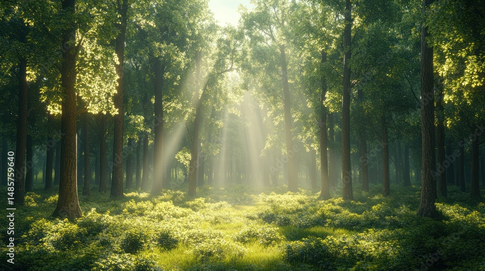 Obraz premium Sunlight streams through a dense forest