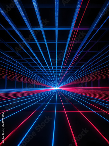 Laser grid lights create vibrant atmosphere with beams of red and blue illuminating scene, enhancing excitement