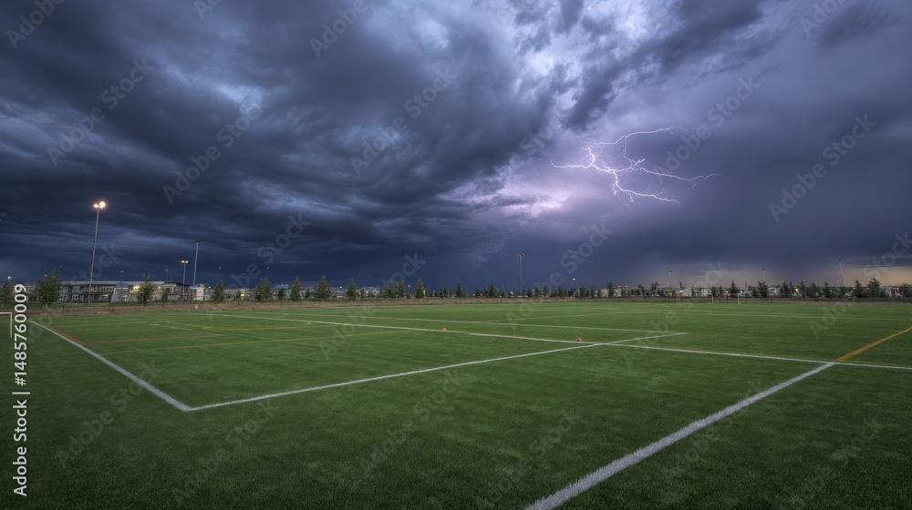 Fototapeta premium Soccer field during a thunderstorm