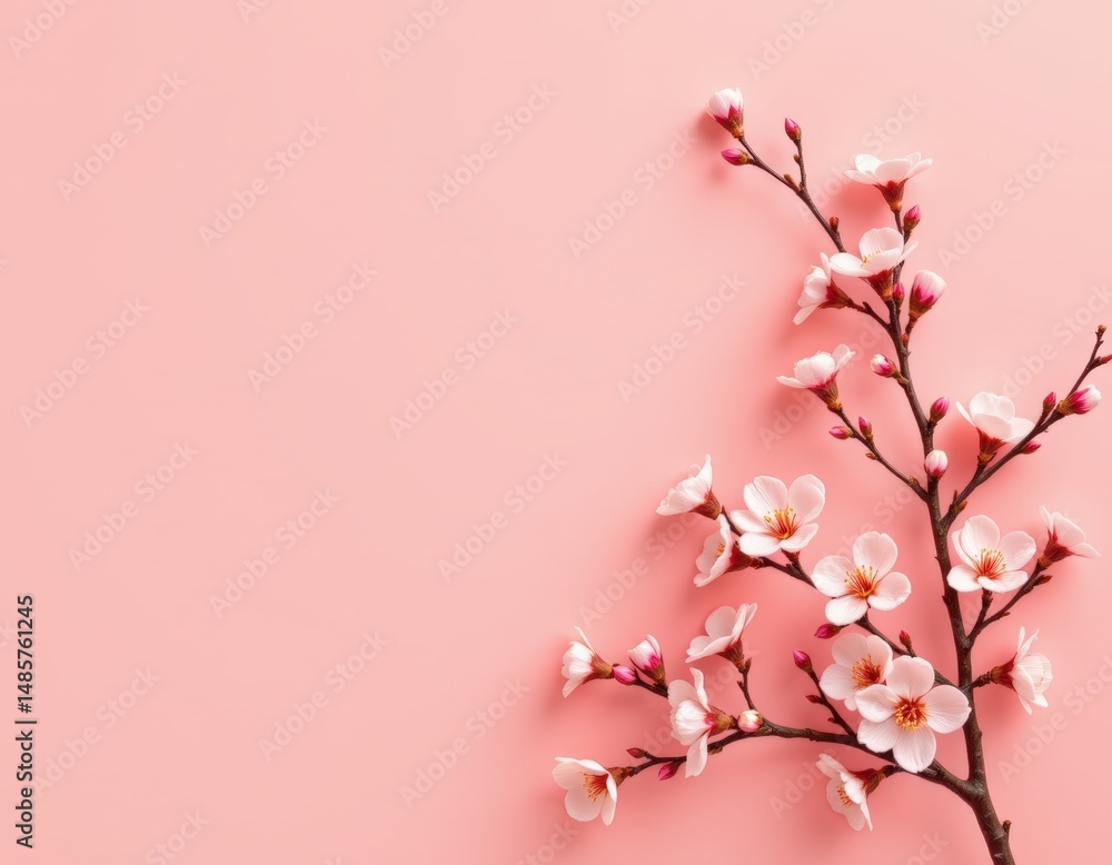Obraz premium cozy spring festival arrangement with plum blossoms in the corner on a dusty rose background, in a warm festive style, with early morning light harmony, clear empty space, high resolution