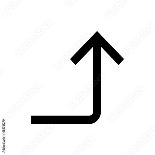 Black arrow pointing up and to the right with a ninety degree turn on a white background vector art