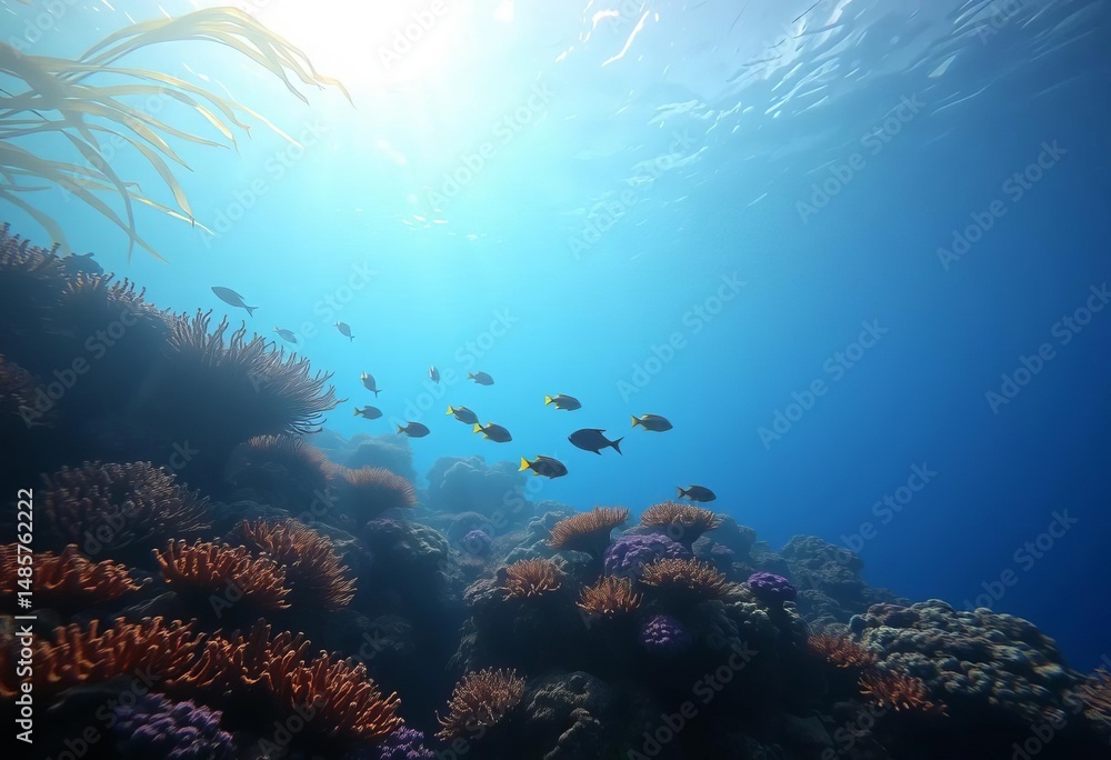 Naklejka premium Ethereal light illuminates vibrant coral reef, exotic fish swim amidst swaying kelp, empty space, fantasy art