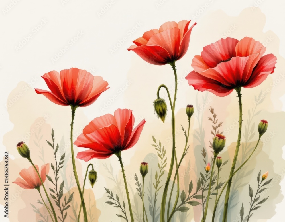 Fototapeta premium a soft focus watercolor view of poppies, in a delicate watercolor style, with crimson and warm beige shades, on textured paper, airy washes, diffused contours, serene feel, diagonal composition