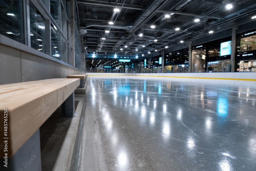 Fototapeta premium A serene ice rink captured at night with bright overhead lights, featuring empty benches inviting skaters to enjoy the tranquility and beauty of winter sports activities.